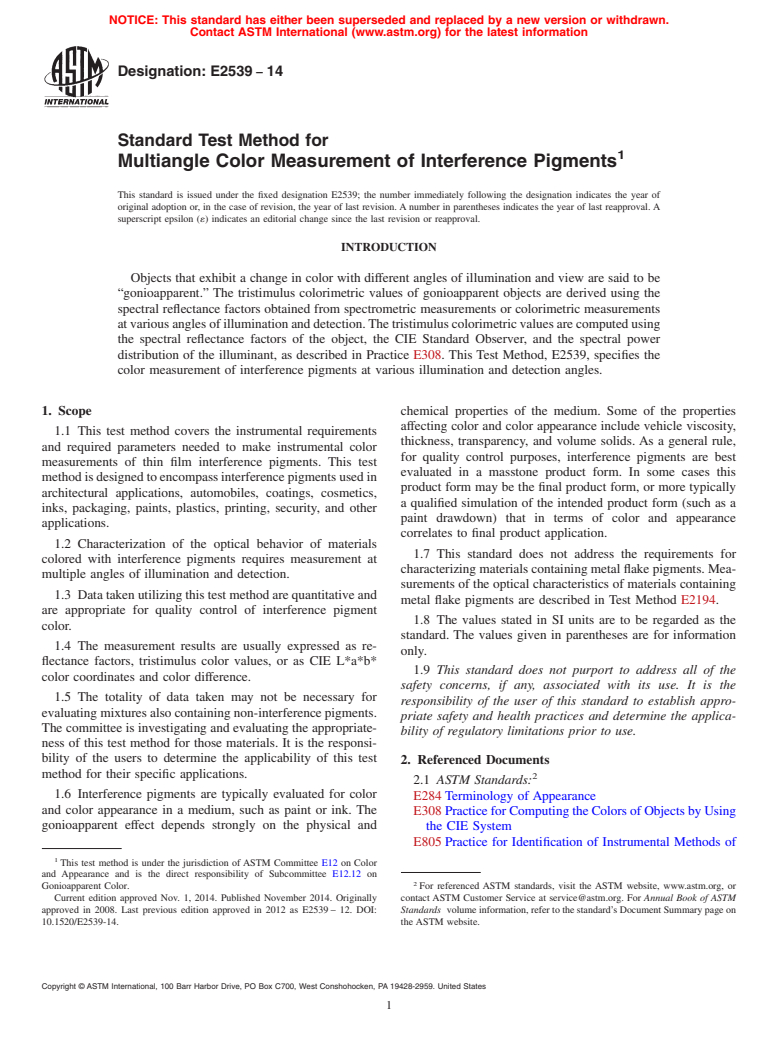 ASTM E2539-14 - Standard Test Method for Multiangle Color Measurement of Interference Pigments