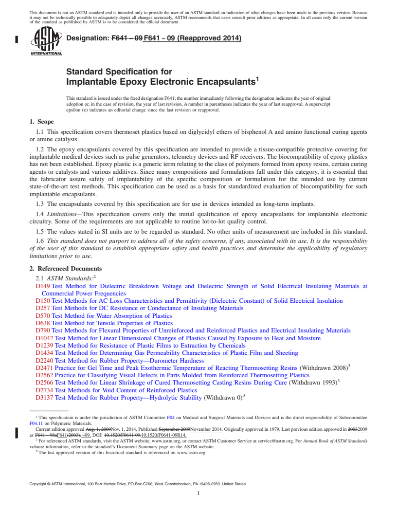 REDLINE ASTM F641-09(2014) - Standard Specification for  Implantable Epoxy Electronic Encapsulants