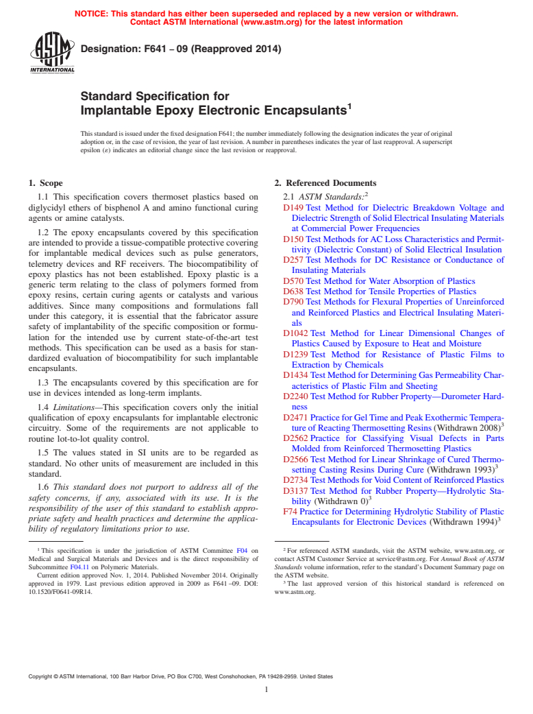 ASTM F641-09(2014) - Standard Specification for  Implantable Epoxy Electronic Encapsulants