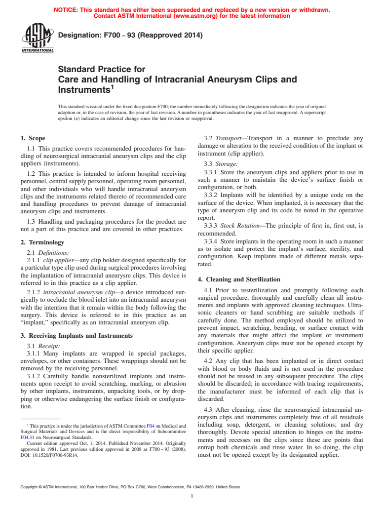 ASTM F700-93(2014) - Standard Practice for  Care and Handling of Intracranial Aneurysm Clips and Instruments