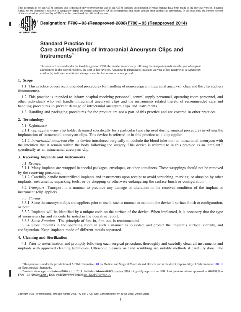 REDLINE ASTM F700-93(2014) - Standard Practice for  Care and Handling of Intracranial Aneurysm Clips and Instruments
