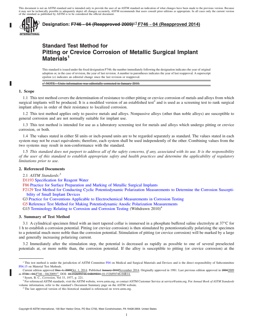 REDLINE ASTM F746-04(2014) - Standard Test Method for  Pitting or Crevice Corrosion of Metallic Surgical Implant Materials