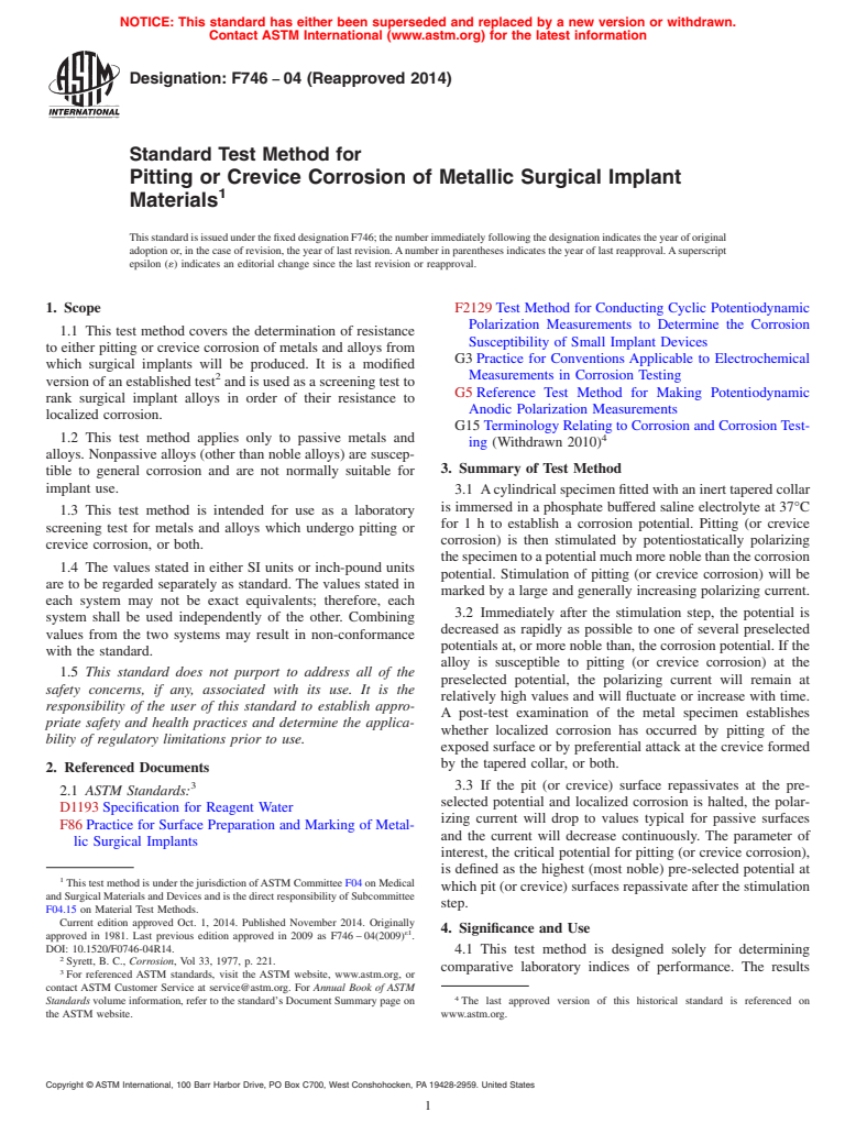 ASTM F746-04(2014) - Standard Test Method for  Pitting or Crevice Corrosion of Metallic Surgical Implant Materials