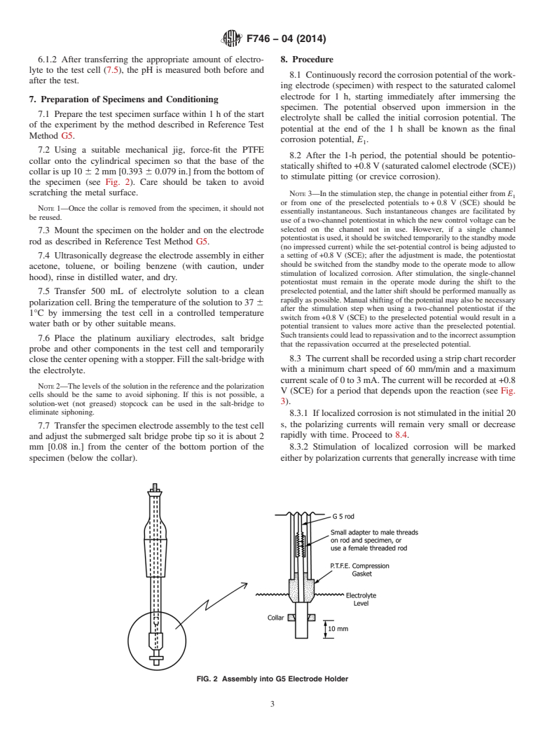 ASTM F746-04(2014) - Standard Test Method for  Pitting or Crevice Corrosion of Metallic Surgical Implant Materials