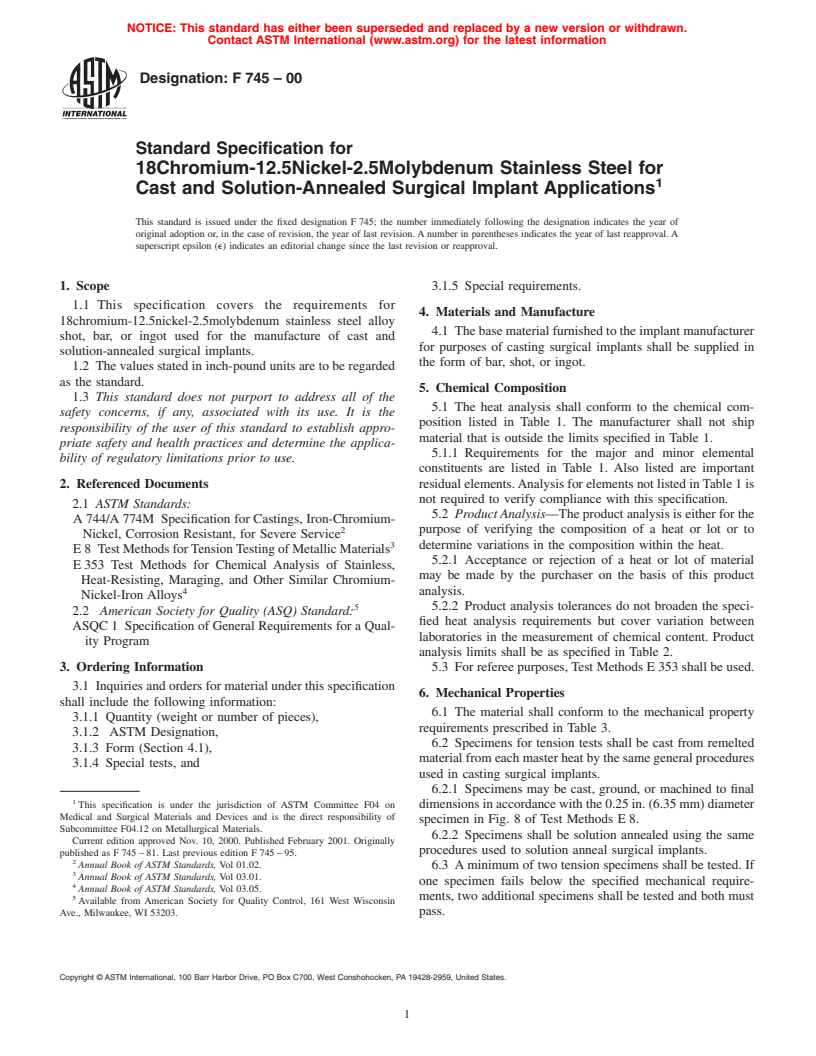 ASTM F745-00 - Standard Specification for 18 Chromium-12.5 Nickel-2.5 Molybdenum Stainless Steel for Cast and Solution-Annealed Surgical Implant Applications