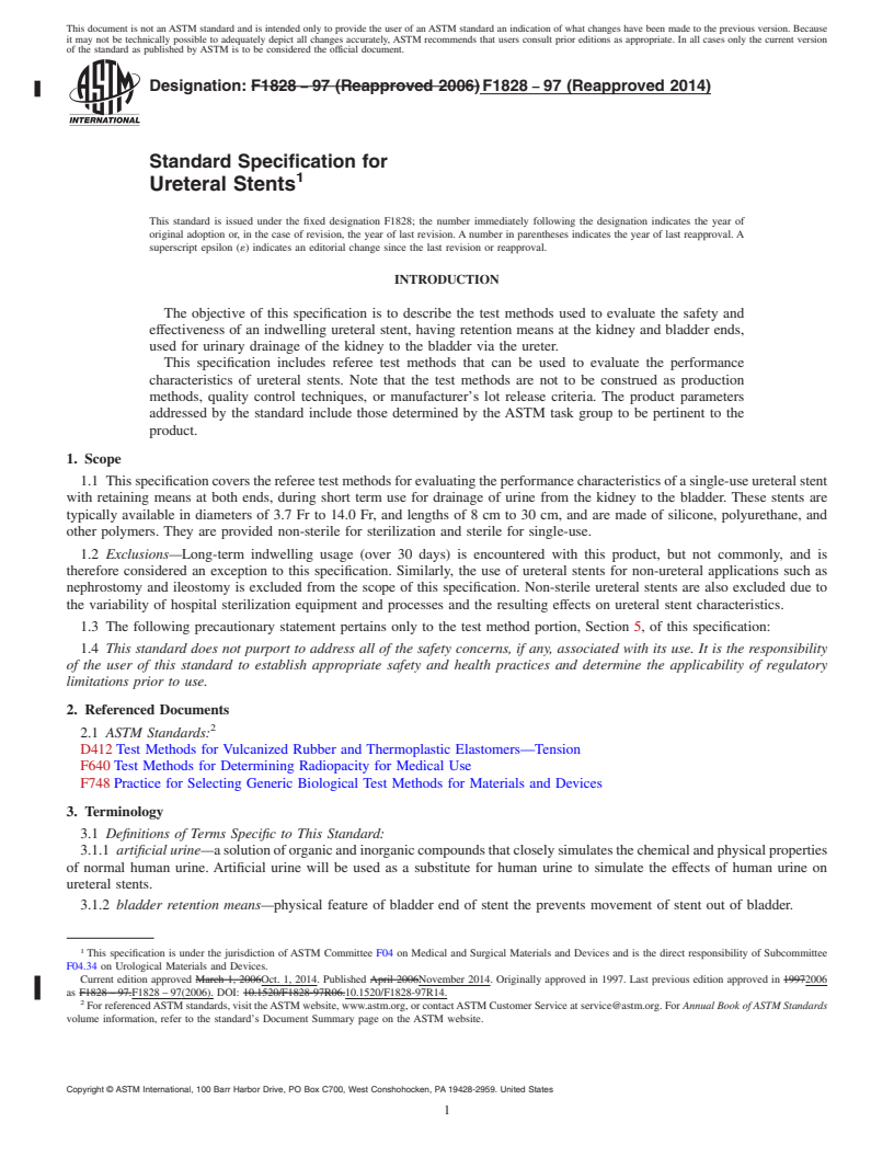 REDLINE ASTM F1828-97(2014) - Standard Specification for  Ureteral Stents