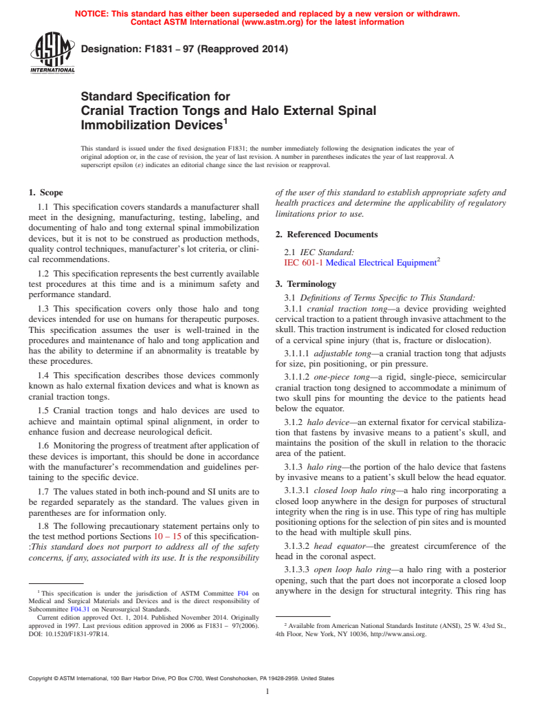 ASTM F1831-97(2014) - Standard Specification for  Cranial Traction Tongs and Halo External Spinal Immobilization  Devices