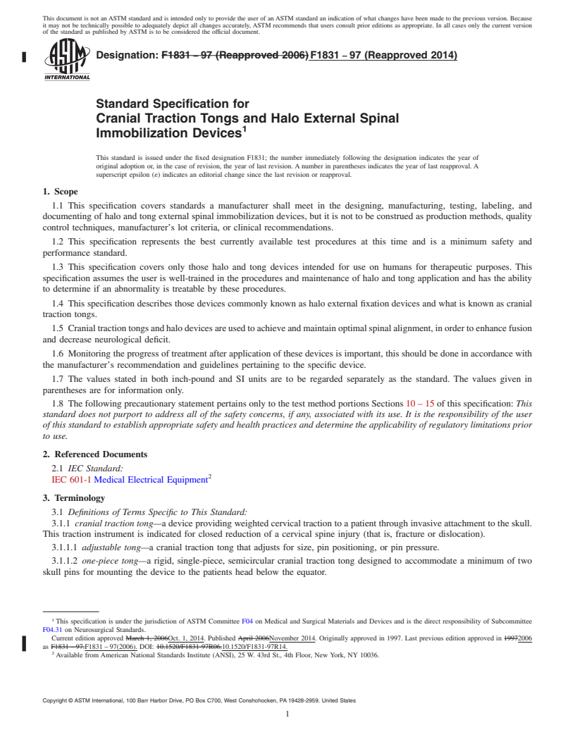 REDLINE ASTM F1831-97(2014) - Standard Specification for  Cranial Traction Tongs and Halo External Spinal Immobilization  Devices