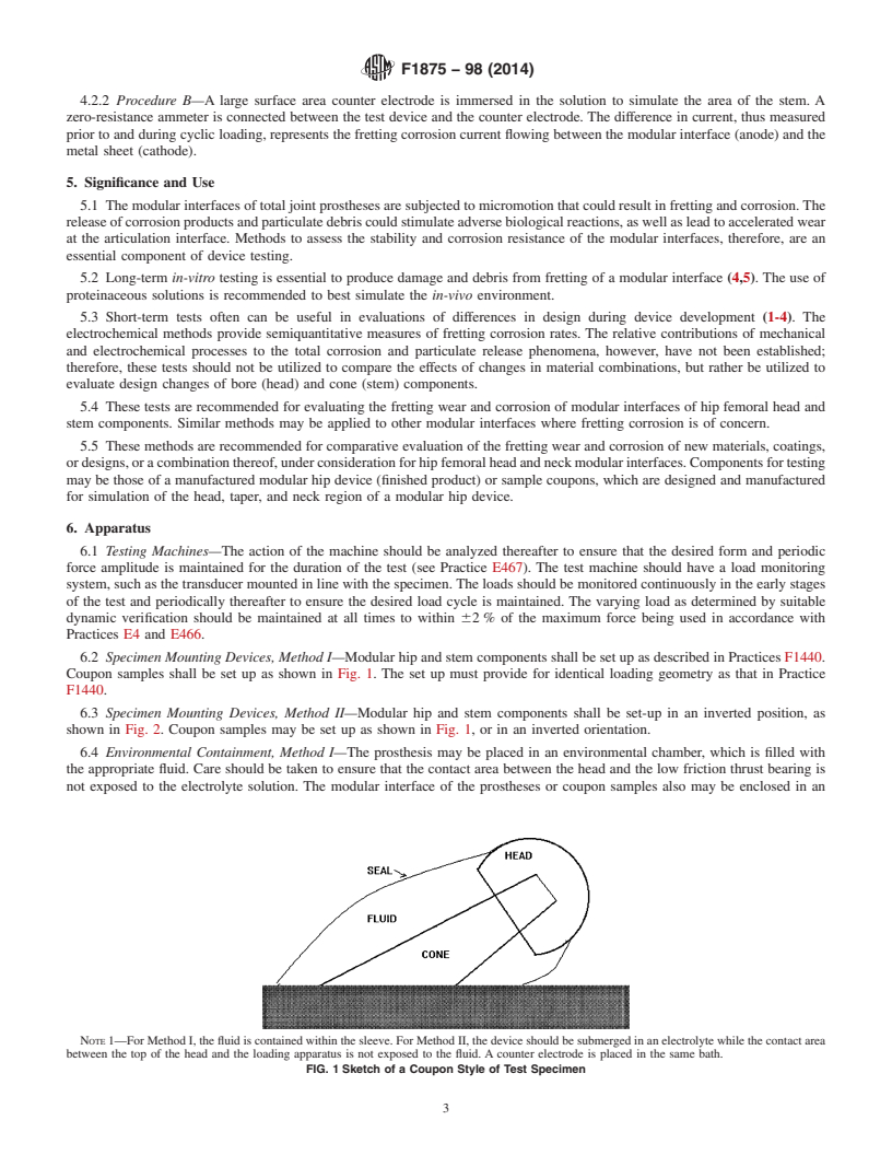 REDLINE ASTM F1875-98(2014) - Standard Practice for  Fretting Corrosion Testing of Modular Implant Interfaces: Hip  Femoral Head-Bore and Cone Taper Interface