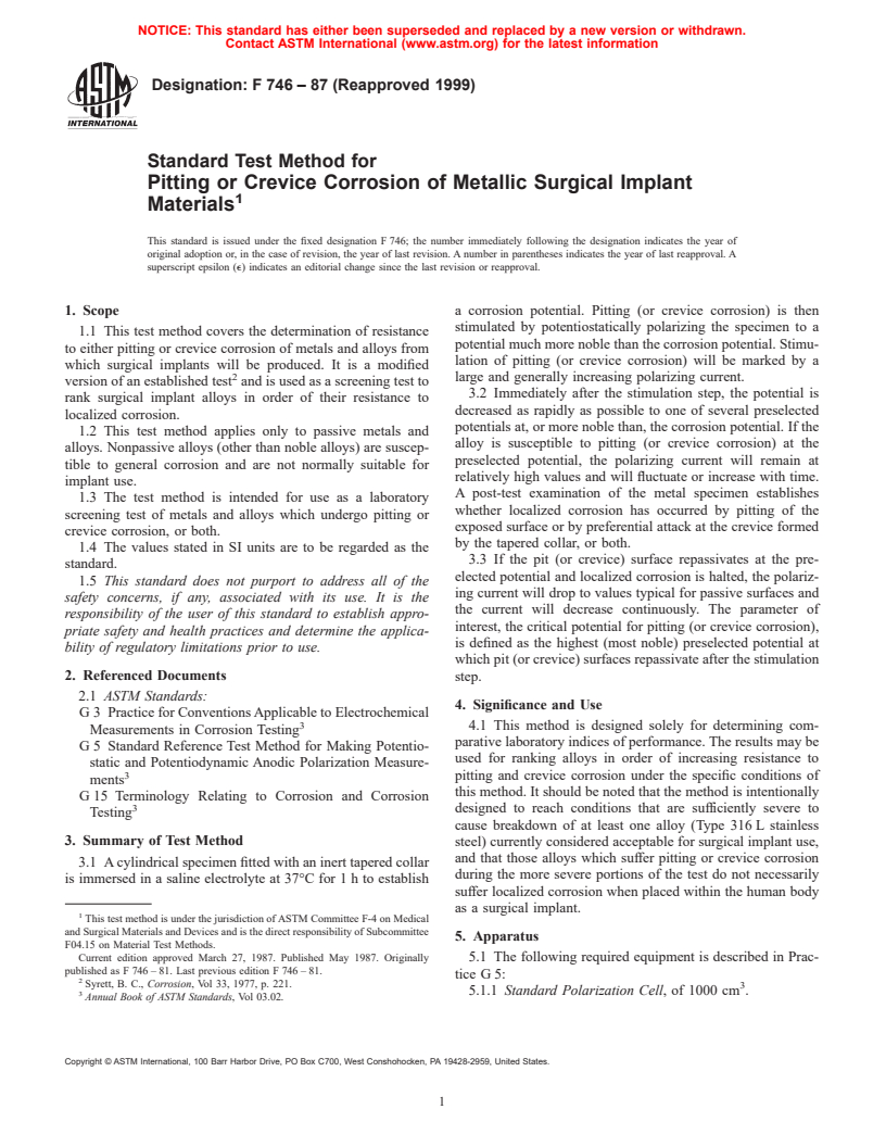 ASTM F746-87(1999) - Standard Test Method for Pitting or Crevice Corrosion of Metallic Surgical Implant Materials