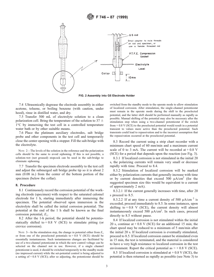 ASTM F746-87(1999) - Standard Test Method for Pitting or Crevice Corrosion of Metallic Surgical Implant Materials