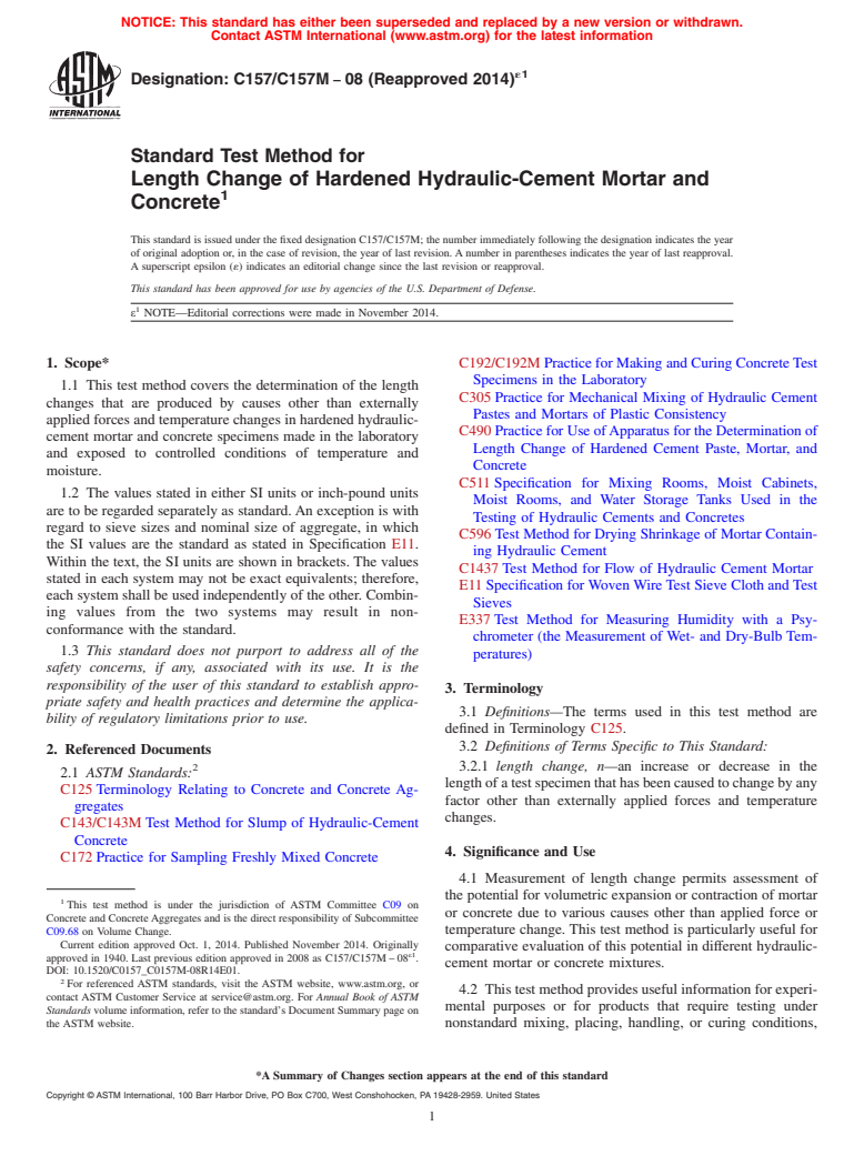 ASTM C157/C157M-08(2014)e1 - Standard Test Method for  Length Change of Hardened Hydraulic-Cement Mortar and Concrete
