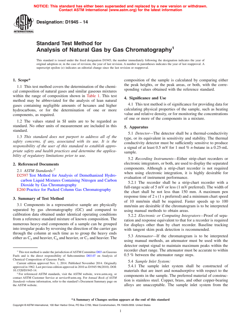 ASTM D1945-14 - Standard Test Method for  Analysis of Natural Gas by Gas Chromatography