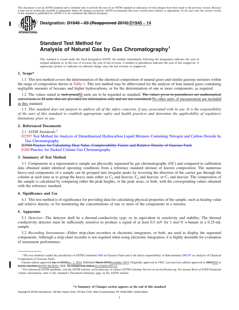 REDLINE ASTM D1945-14 - Standard Test Method for  Analysis of Natural Gas by Gas Chromatography