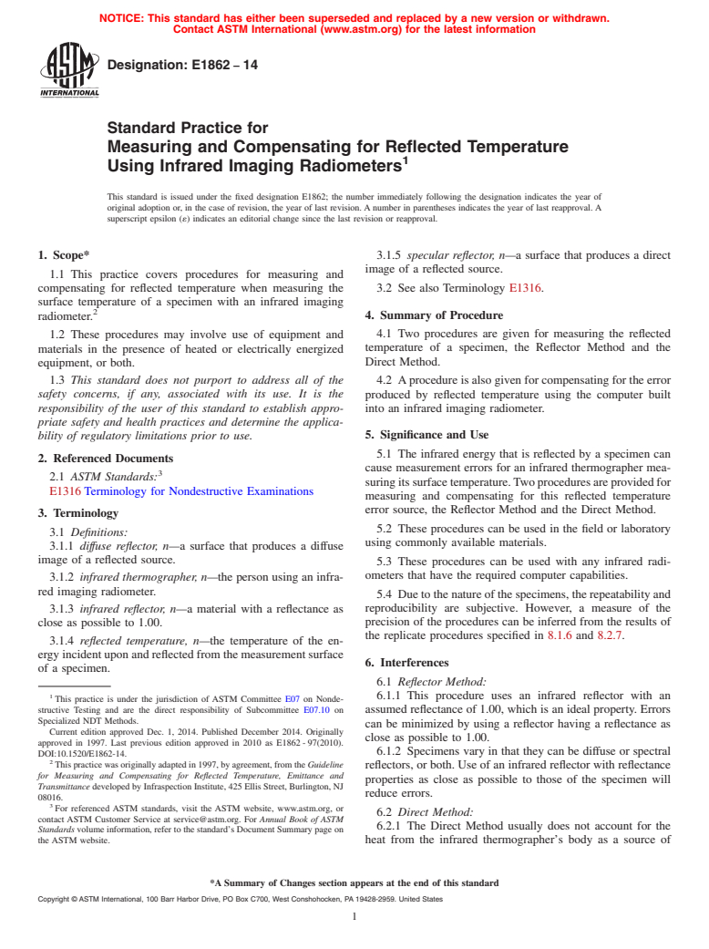 ASTM E1862-14 - Standard Practice for  Measuring and Compensating for Reflected Temperature Using  Infrared Imaging Radiometers