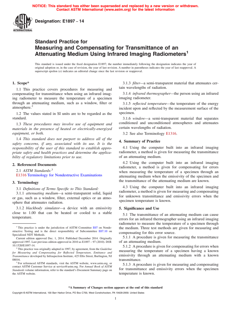 ASTM E1897-14 - Standard Practice for  Measuring and Compensating for Transmittance of an Attenuating  Medium Using Infrared Imaging Radiometers