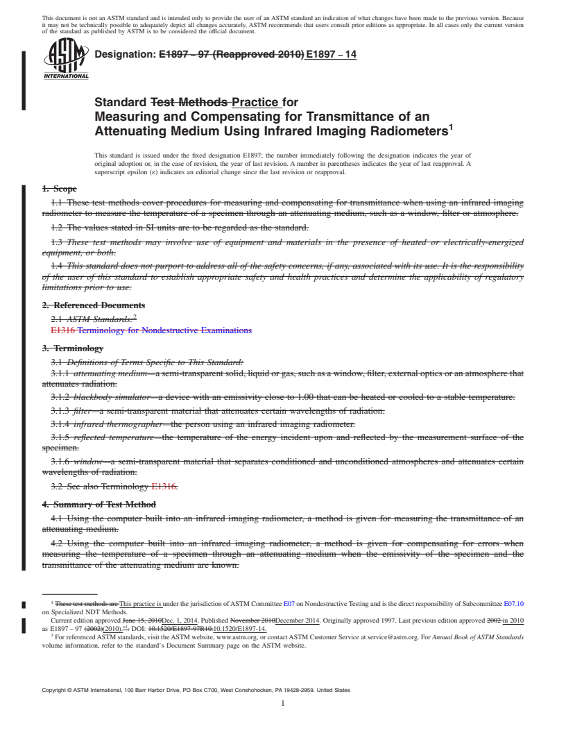 REDLINE ASTM E1897-14 - Standard Practice for  Measuring and Compensating for Transmittance of an Attenuating  Medium Using Infrared Imaging Radiometers