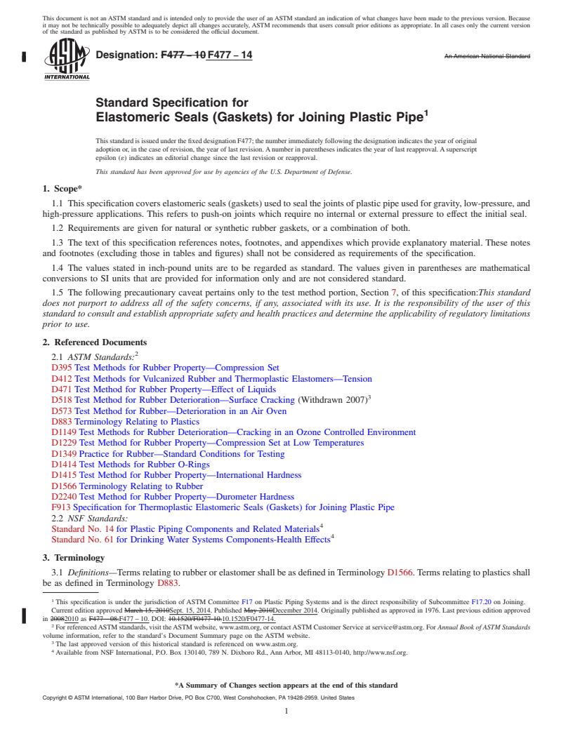 REDLINE ASTM F477-14 - Standard Specification for  Elastomeric Seals (Gaskets) for Joining Plastic Pipe