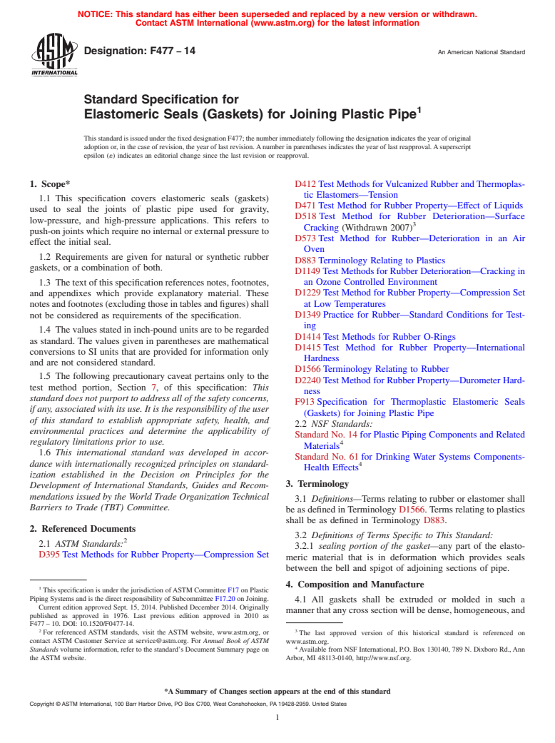 ASTM F477-14 - Standard Specification for  Elastomeric Seals (Gaskets) for Joining Plastic Pipe