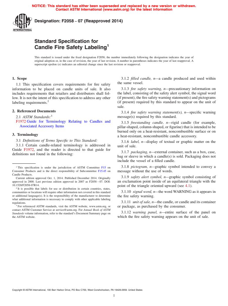 ASTM F2058-07(2014) - Standard Specification for Candle Fire Safety Labeling