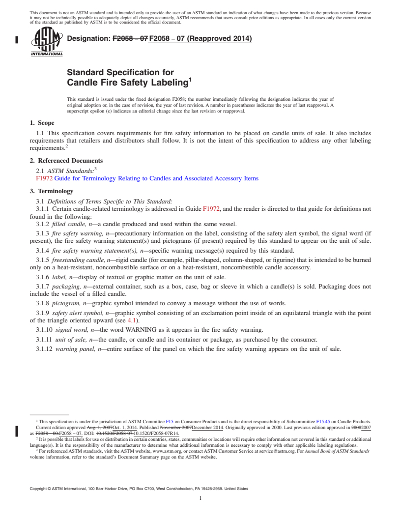 REDLINE ASTM F2058-07(2014) - Standard Specification for Candle Fire Safety Labeling