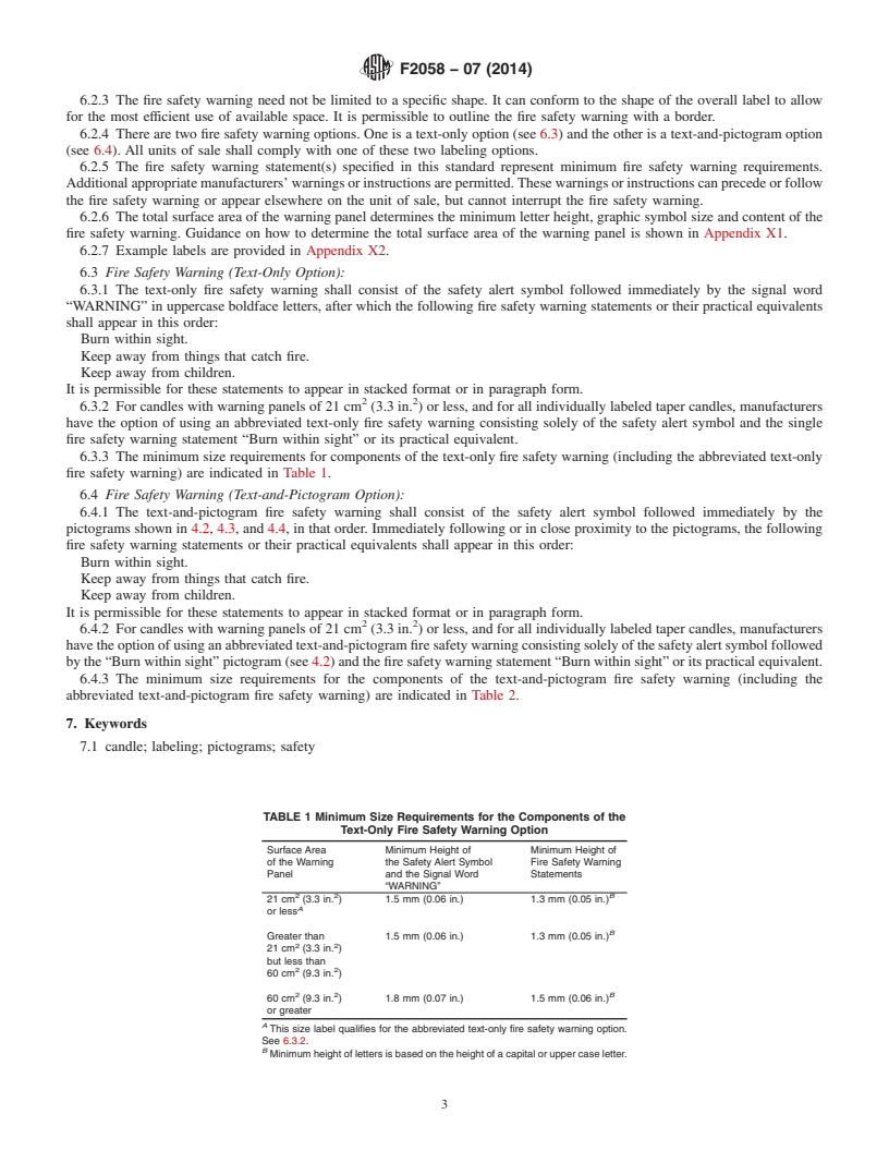 REDLINE ASTM F2058-07(2014) - Standard Specification for Candle Fire Safety Labeling