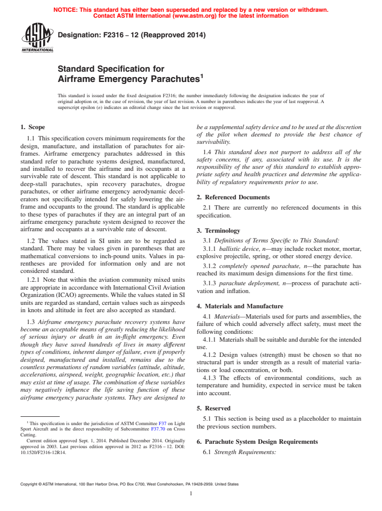 ASTM F2316-12(2014) - Standard Specification for Airframe Emergency Parachutes