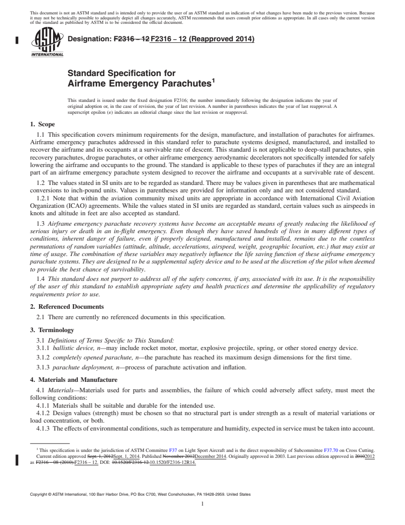 REDLINE ASTM F2316-12(2014) - Standard Specification for Airframe Emergency Parachutes