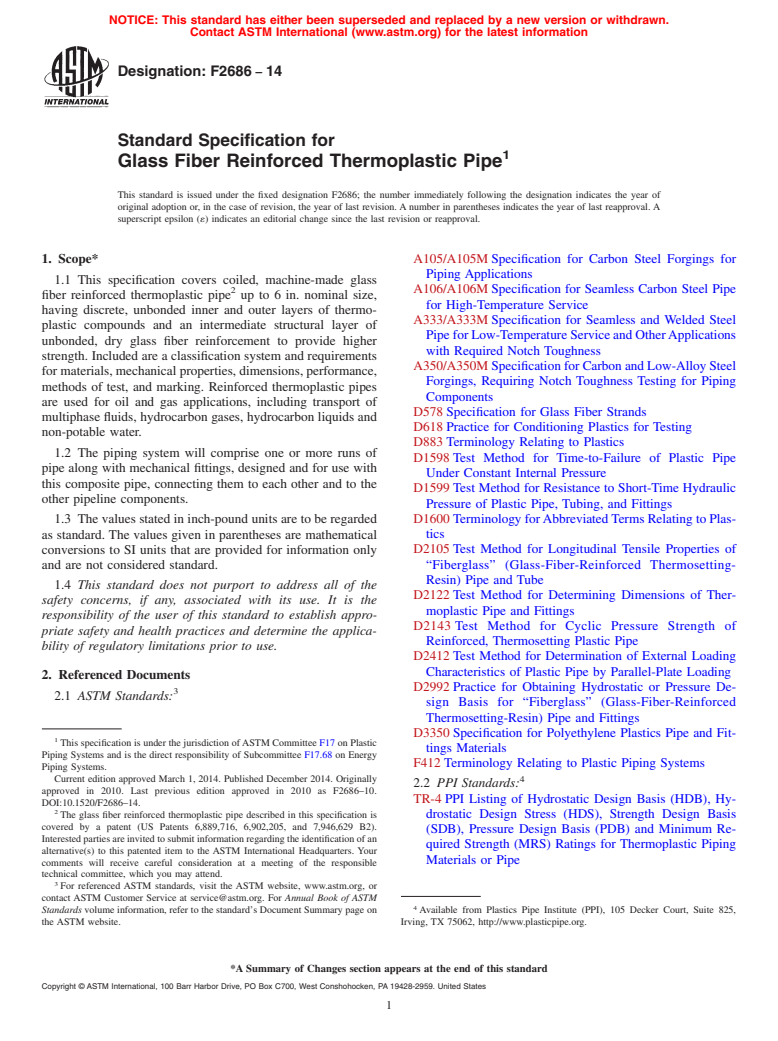 ASTM F2686-14 - Standard Specification for  Glass Fiber Reinforced Thermoplastic Pipe (Withdrawn 2023)