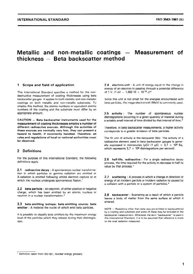 ISO 3543:1981 - Metallic and non-metallic coatings -- Measurement of thickness -- Beta backscatter method