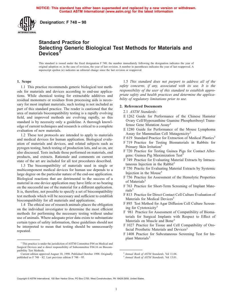 ASTM F748-98 - Standard Practice for Selecting Generic Biological Test Methods for Materials and Devices