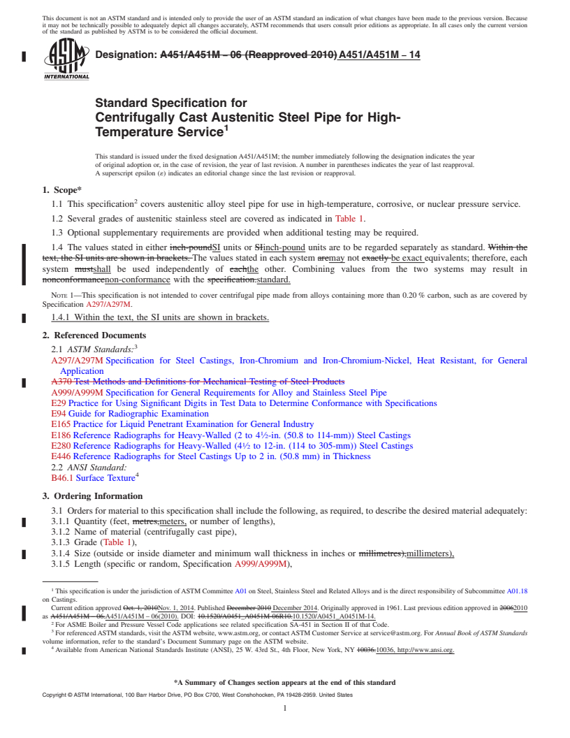 REDLINE ASTM A451/A451M-14 - Standard Specification for  Centrifugally Cast Austenitic Steel Pipe for High-Temperature   Service