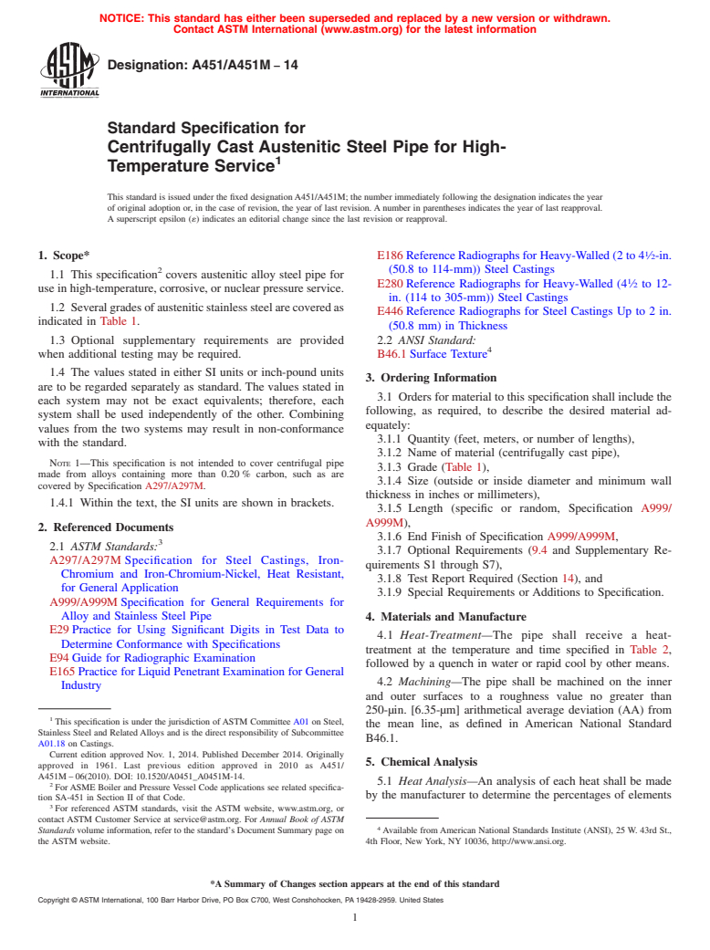 ASTM A451/A451M-14 - Standard Specification for  Centrifugally Cast Austenitic Steel Pipe for High-Temperature   Service