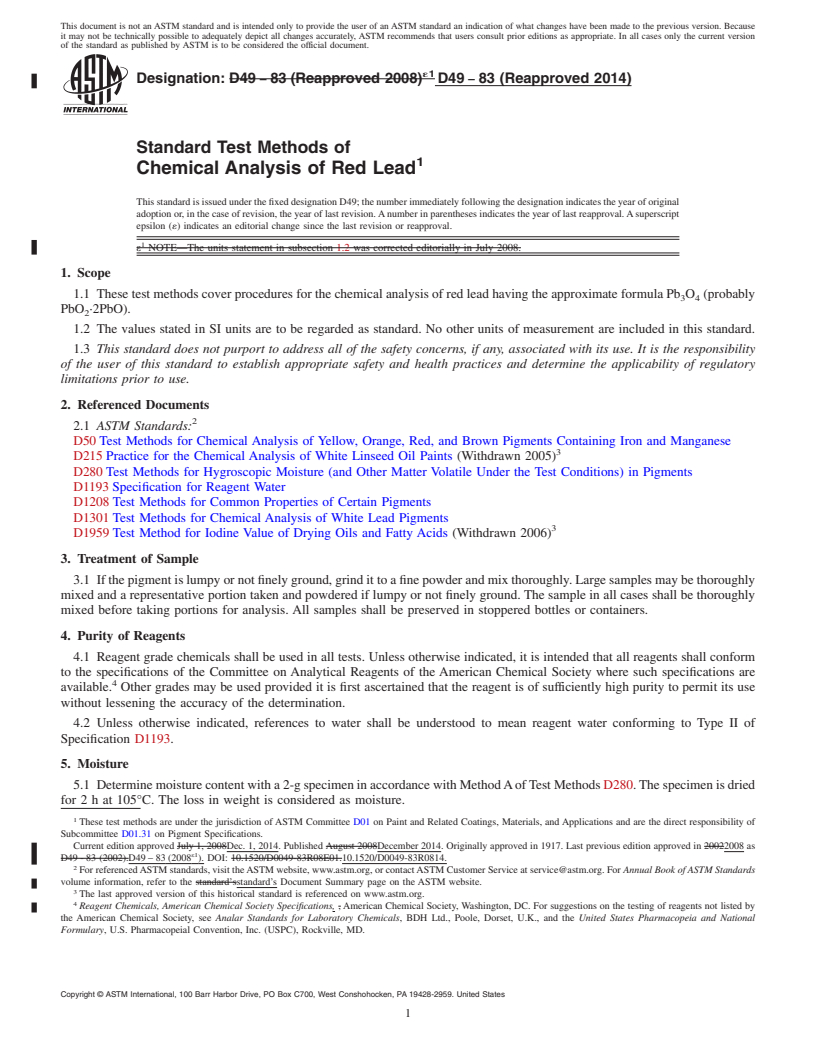 REDLINE ASTM D49-83(2014) - Standard Test Methods of Chemical Analysis of Red Lead