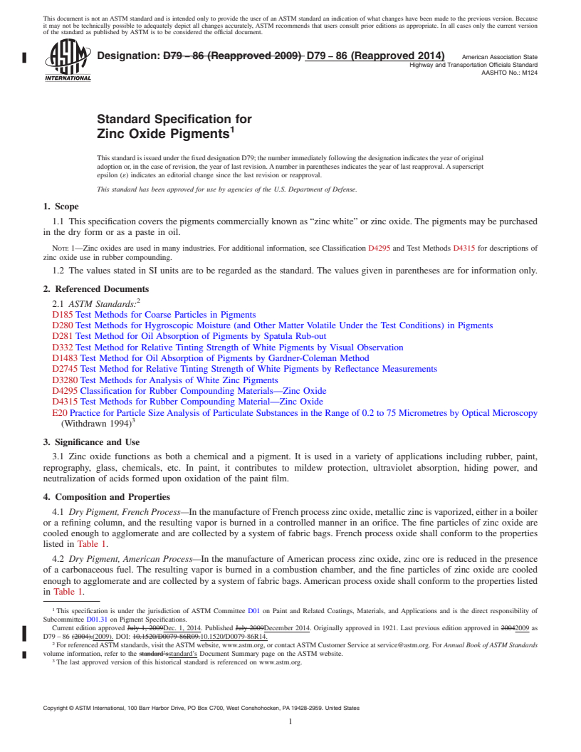 REDLINE ASTM D79-86(2014) - Standard Specification for Zinc Oxide Pigments