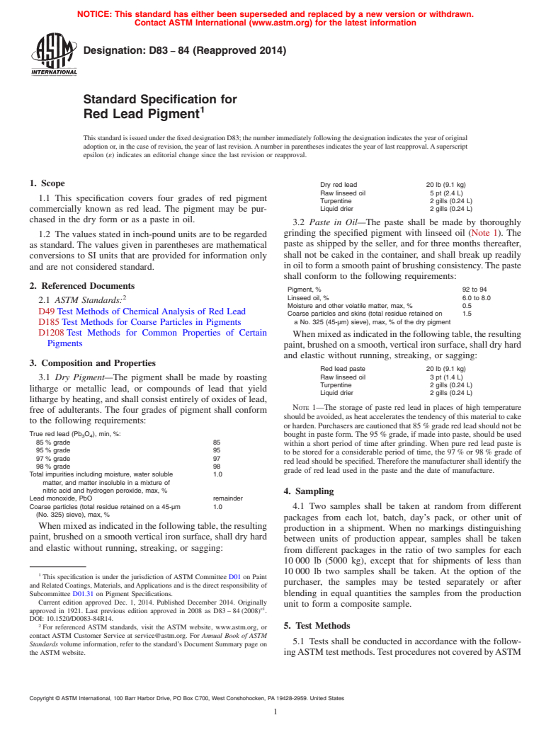 ASTM D83-84(2014) - Standard Specification for Red Lead Pigment