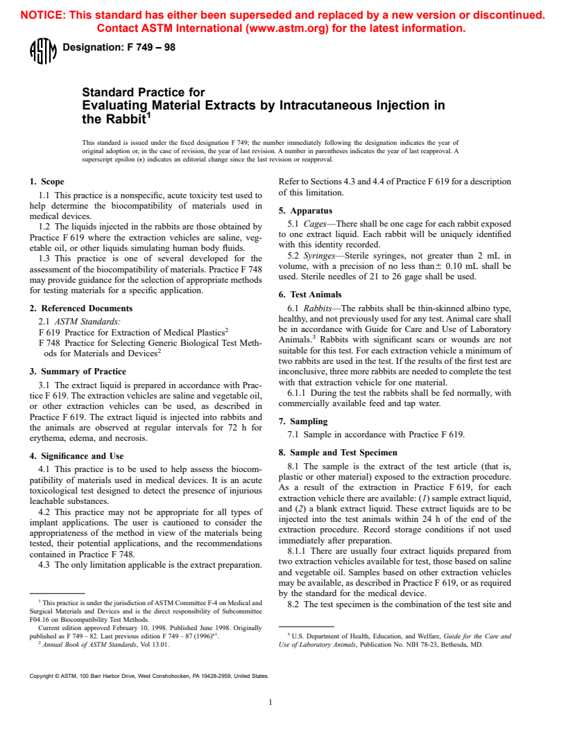 ASTM F749-98 - Standard Practice for Evaluating Material Extracts by Intracutaneous Injection in the Rabbit