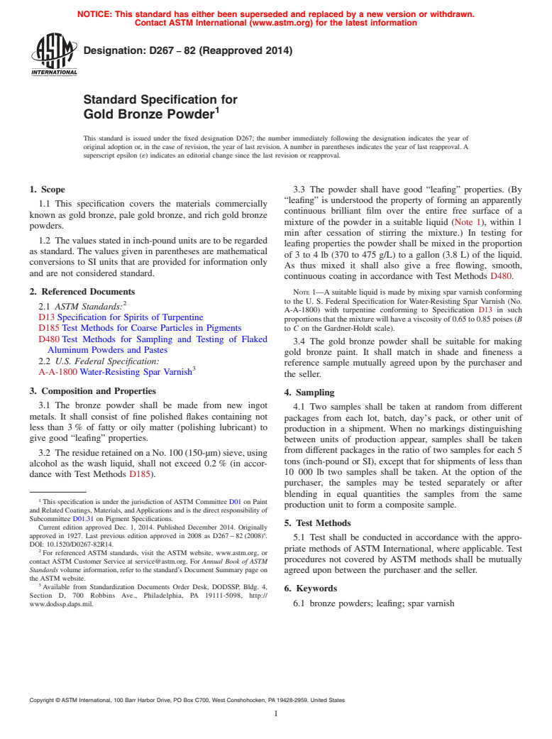 ASTM D267-82(2014) - Standard Specification for Gold Bronze Powder