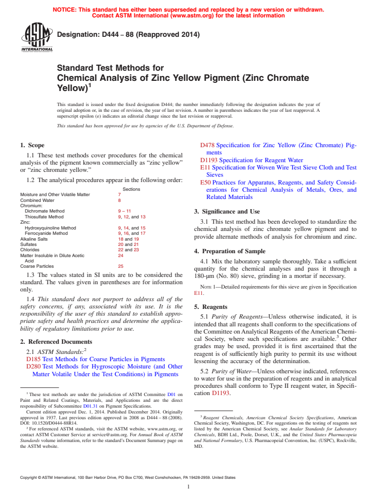 ASTM D444-88(2014) - Standard Test Methods for Chemical Analysis of Zinc Yellow Pigment (Zinc Chromate Yellow)