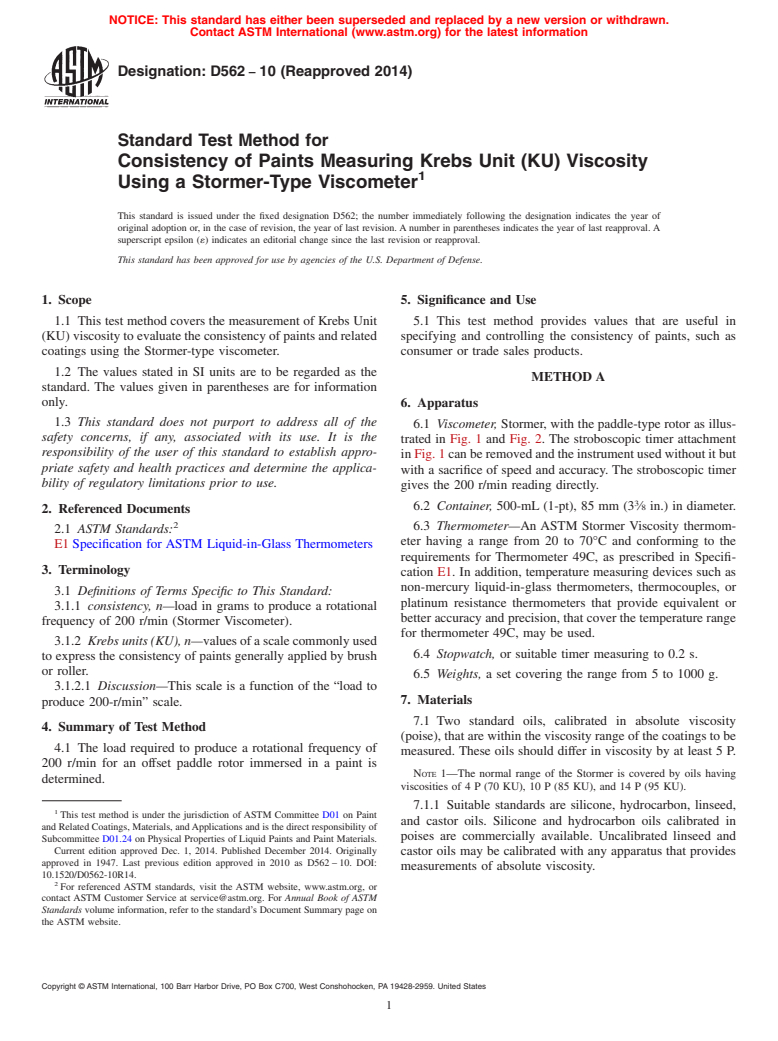 ASTM D562-10(2014) - Standard Test Method for Consistency of Paints Measuring Krebs Unit (KU) Viscosity Using   a Stormer-Type  Viscometer