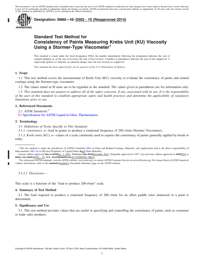 REDLINE ASTM D562-10(2014) - Standard Test Method for Consistency of Paints Measuring Krebs Unit (KU) Viscosity Using   a Stormer-Type  Viscometer