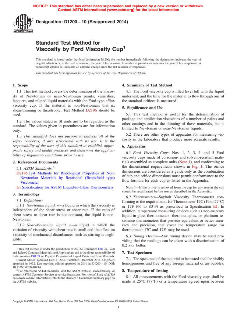 ASTM D1200-10(2014) - Standard Test Method for Viscosity by Ford Viscosity Cup