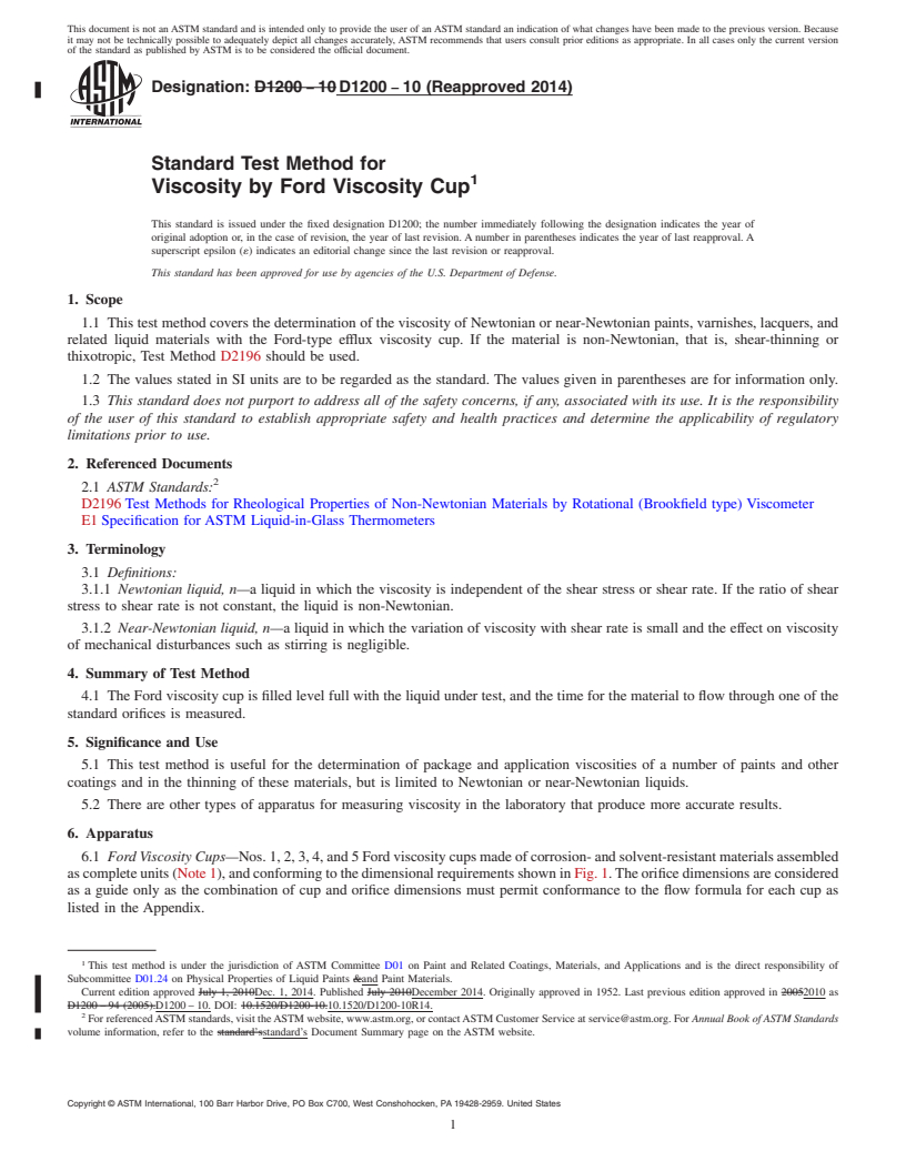 REDLINE ASTM D1200-10(2014) - Standard Test Method for Viscosity by Ford Viscosity Cup