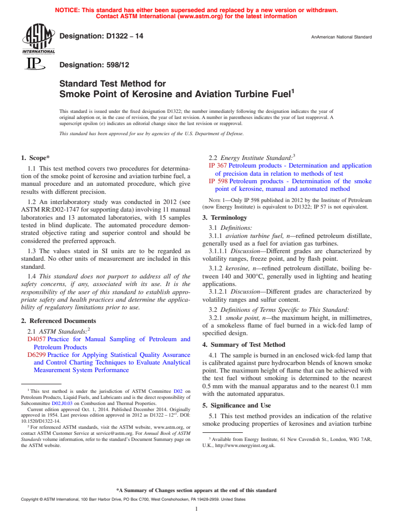 ASTM D1322-14 - Standard Test Method for Smoke Point of Kerosine and Aviation Turbine Fuel