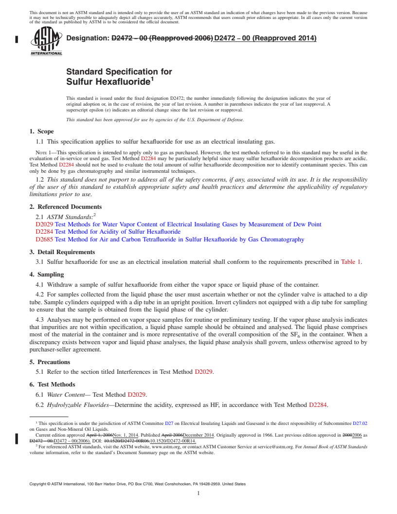 REDLINE ASTM D2472-00(2014) - Standard Specification for  Sulfur Hexafluoride