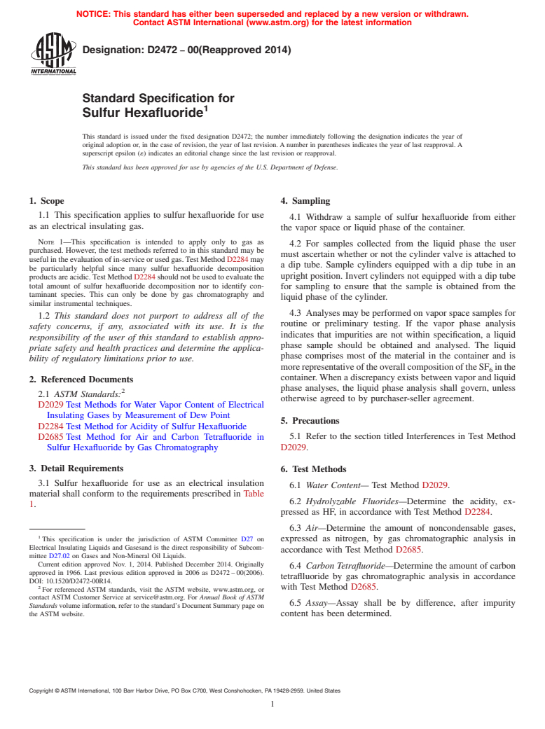 ASTM D2472-00(2014) - Standard Specification for  Sulfur Hexafluoride