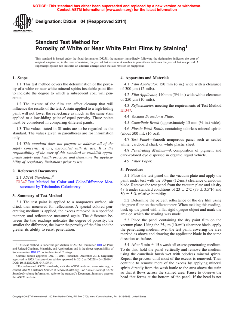 ASTM D3258-04(2014) - Standard Test Method for Porosity of White or Near White Paint Films by Staining