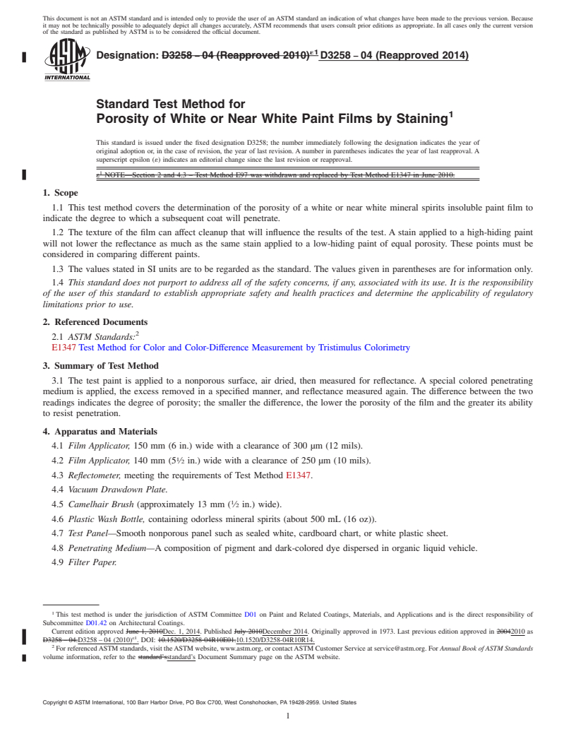 REDLINE ASTM D3258-04(2014) - Standard Test Method for Porosity of White or Near White Paint Films by Staining