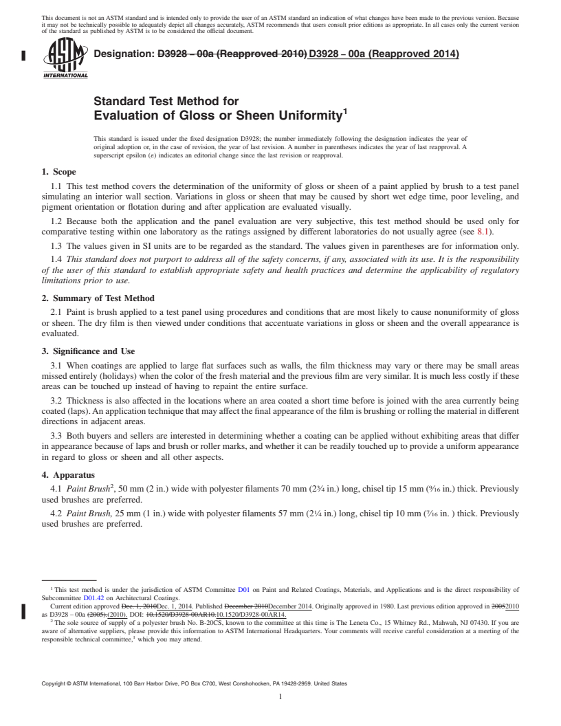 REDLINE ASTM D3928-00a(2014) - Standard Test Method for Evaluation of Gloss or Sheen Uniformity