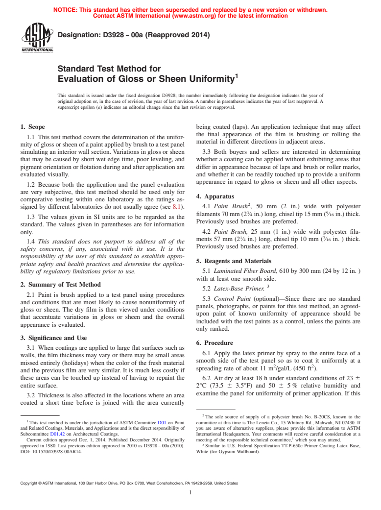 ASTM D3928-00a(2014) - Standard Test Method for Evaluation of Gloss or Sheen Uniformity